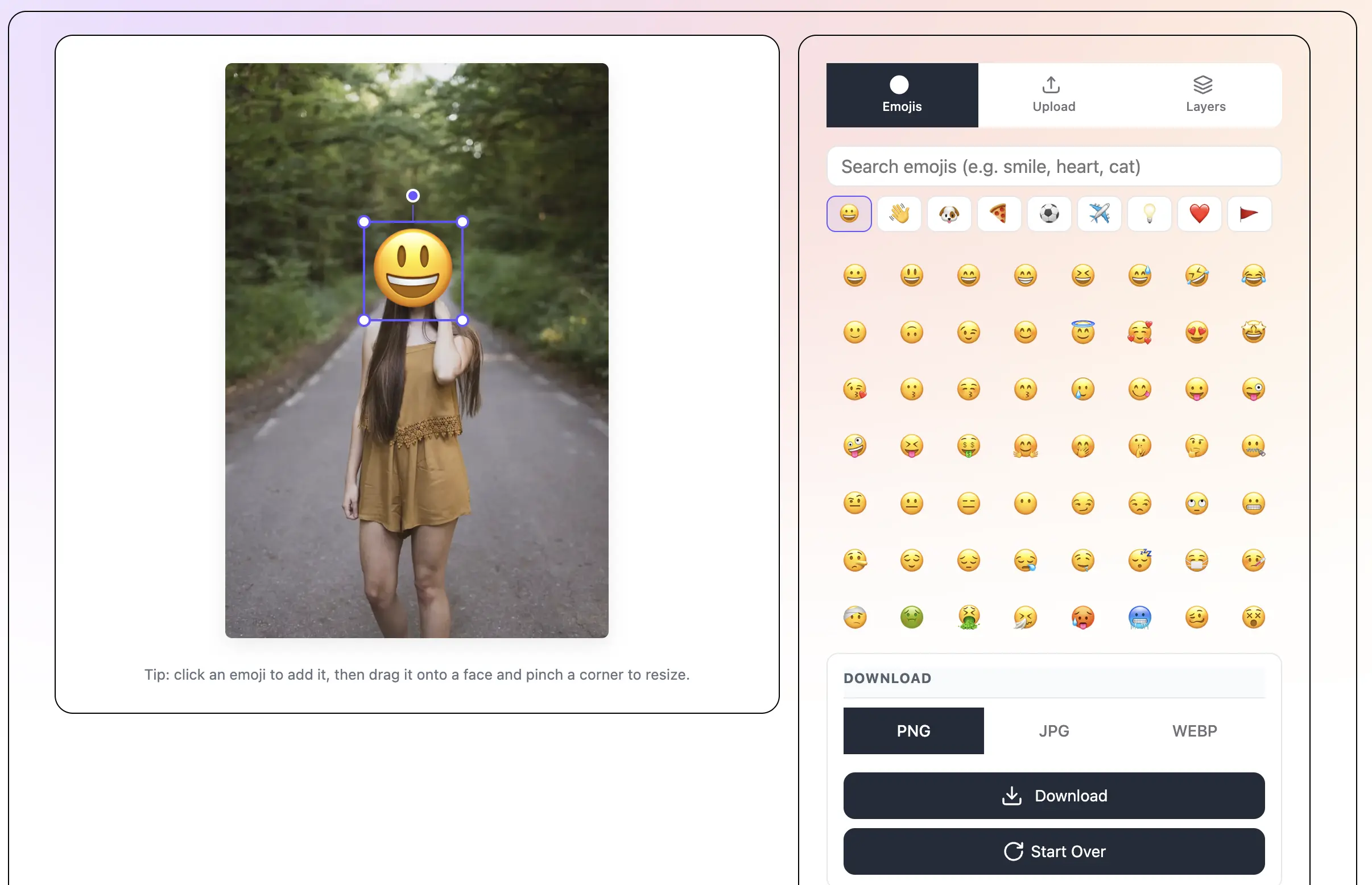 Add emoji on face — free online emoji photo editor tool interface