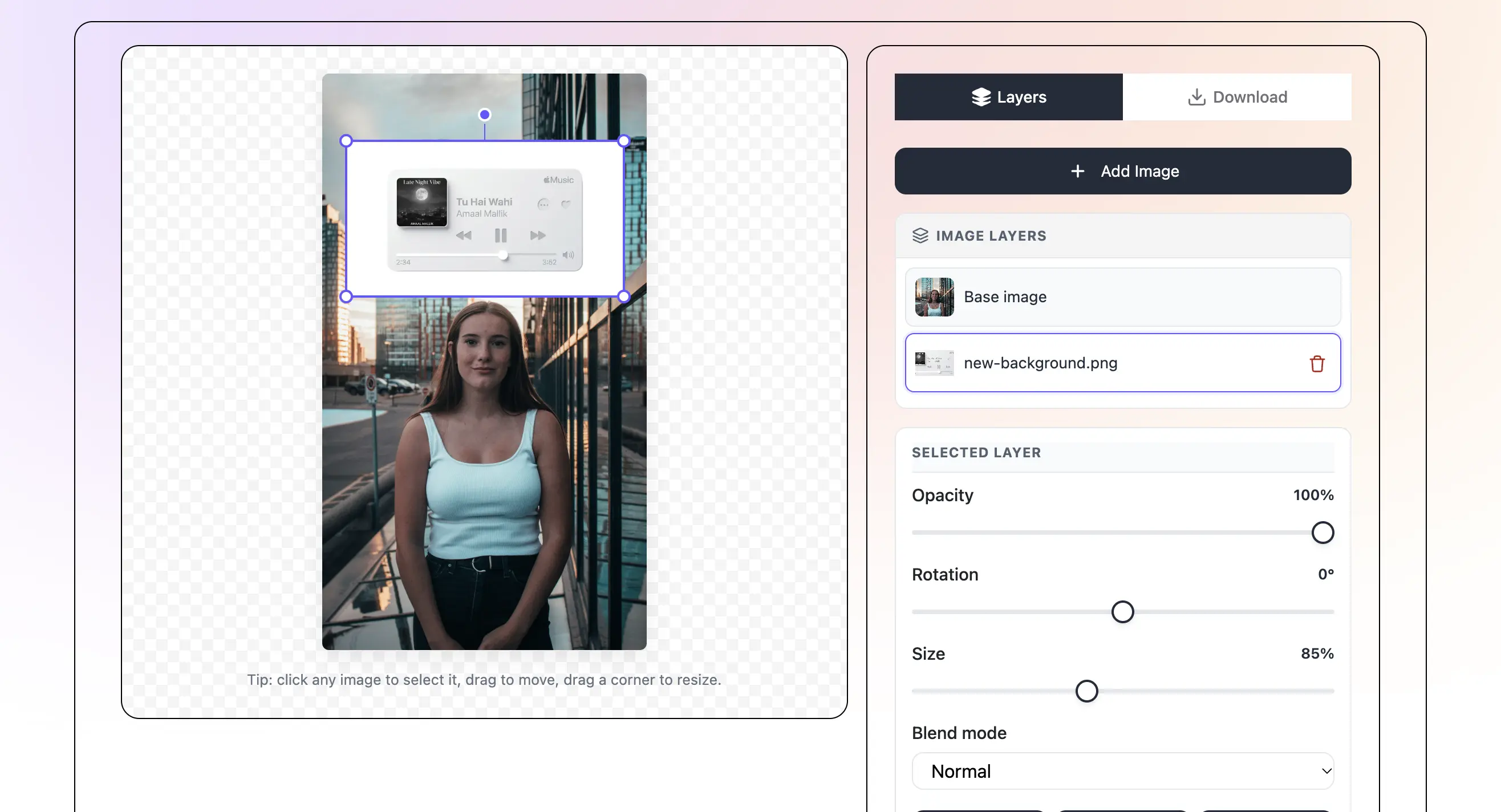 Add image on image — free online photo layer editor tool interface