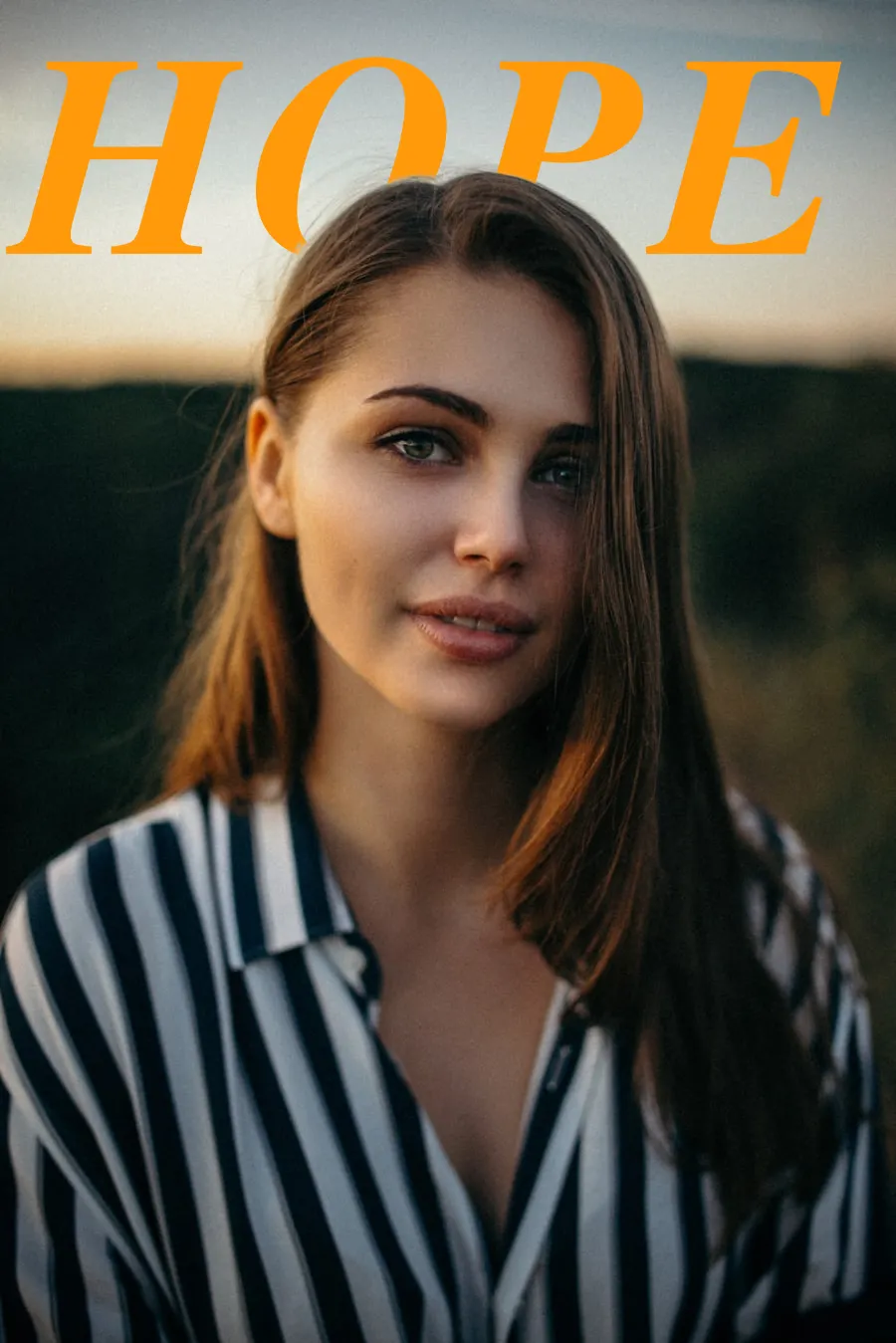 Text behind image example - HOPE text behind woman portrait at golden hour sunset