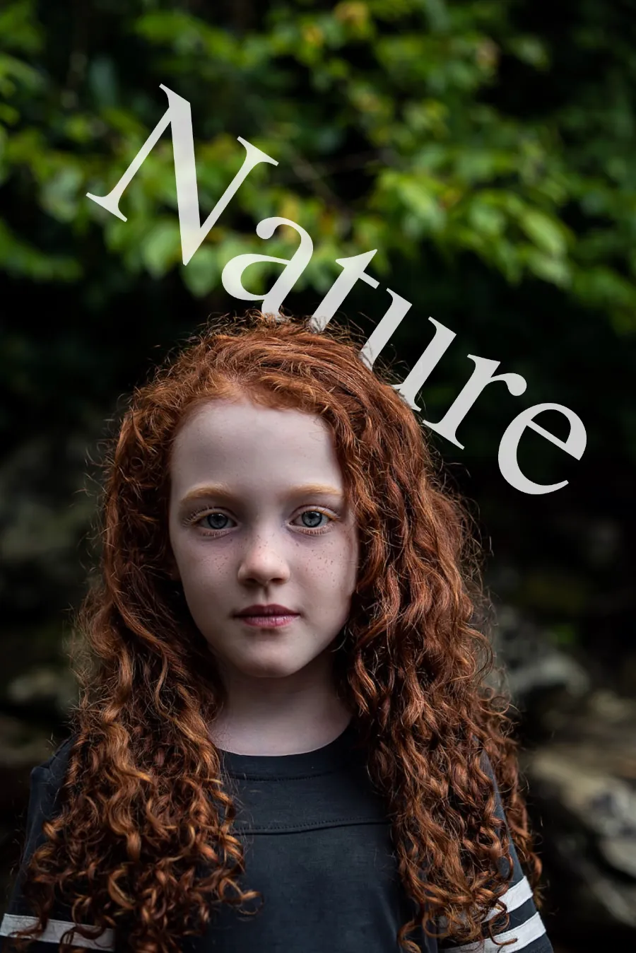 Text behind image design - Nature text behind redhead girl portrait in forest