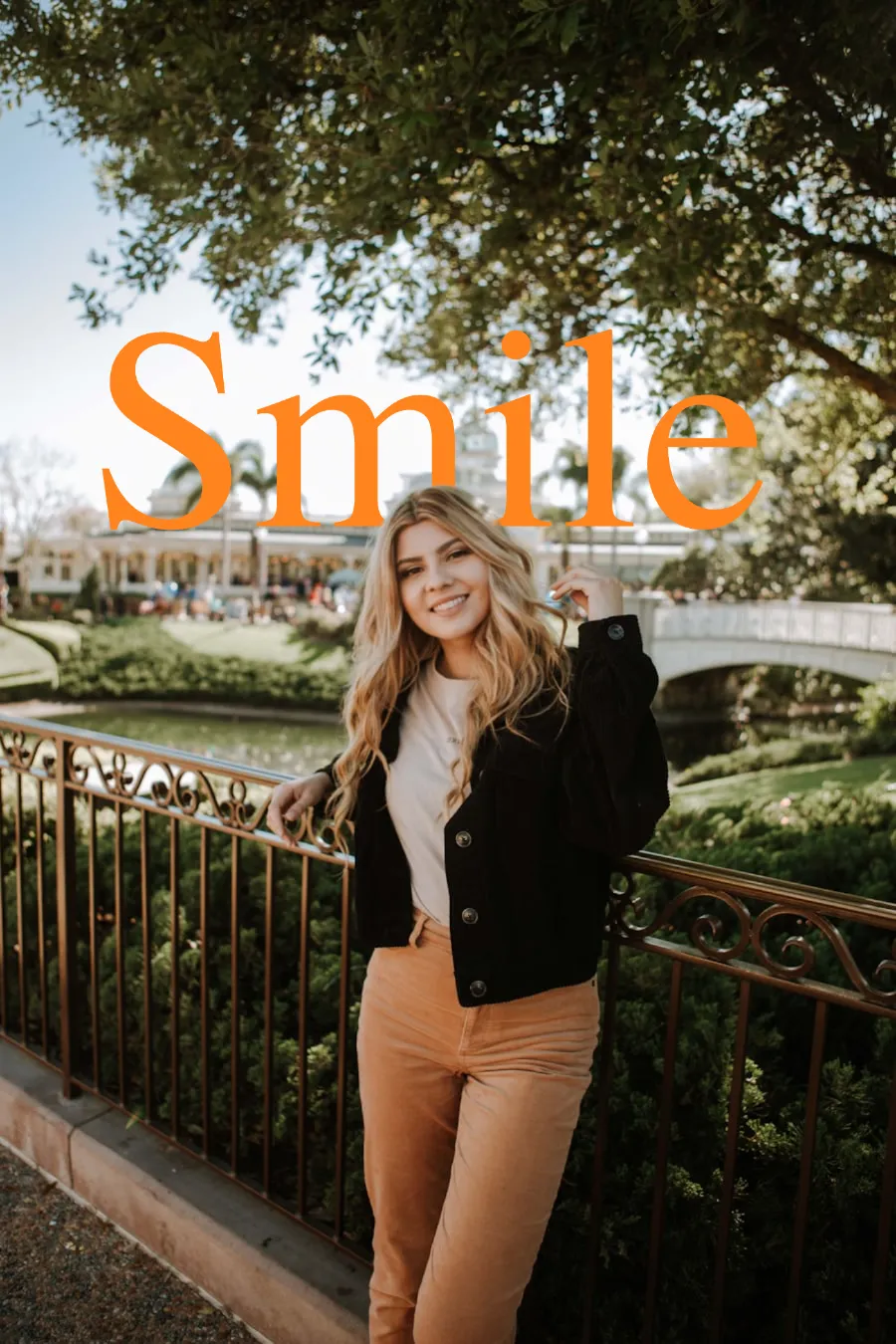 Text behind image design - Smile text behind smiling girl outdoor portrait