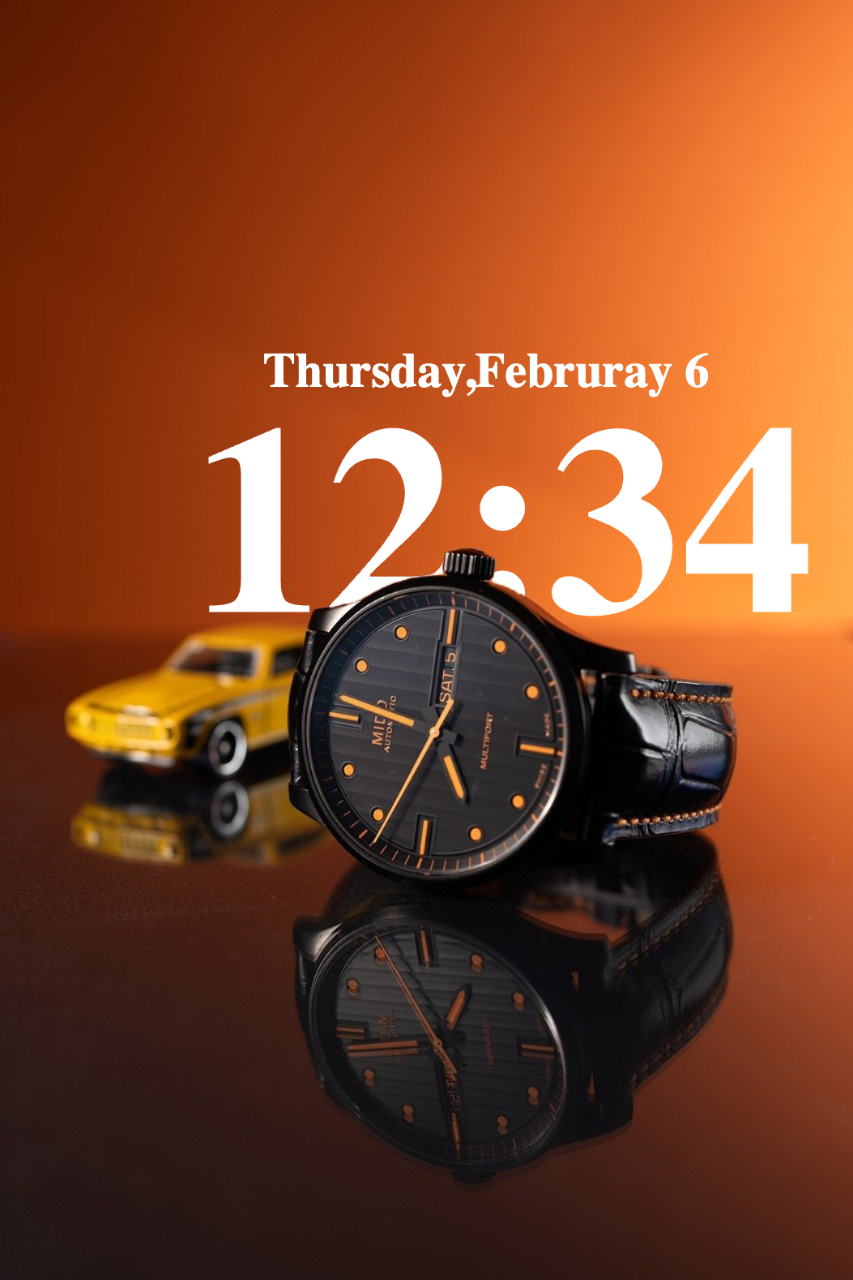 Text behind image example - 12:34 time display text behind luxury watch product photo